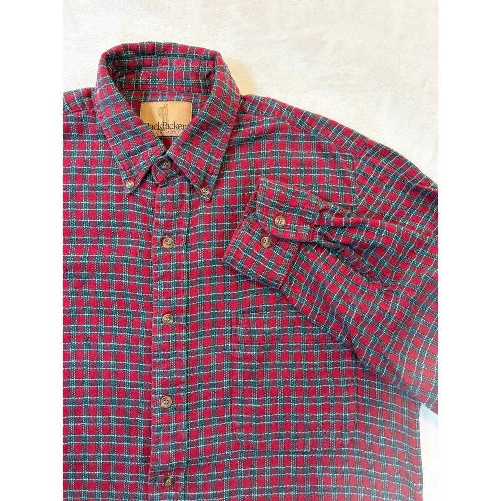 Vintage BackPacker Red Green Plaid Flannel Button-down Mens Medium Excellent